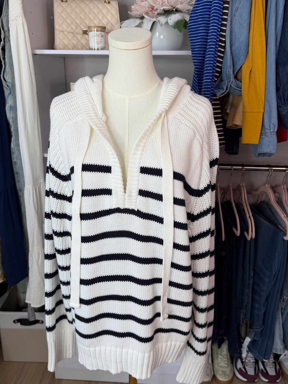 Free Assembly Coastal Stripe Hooded Sweater - White/Black